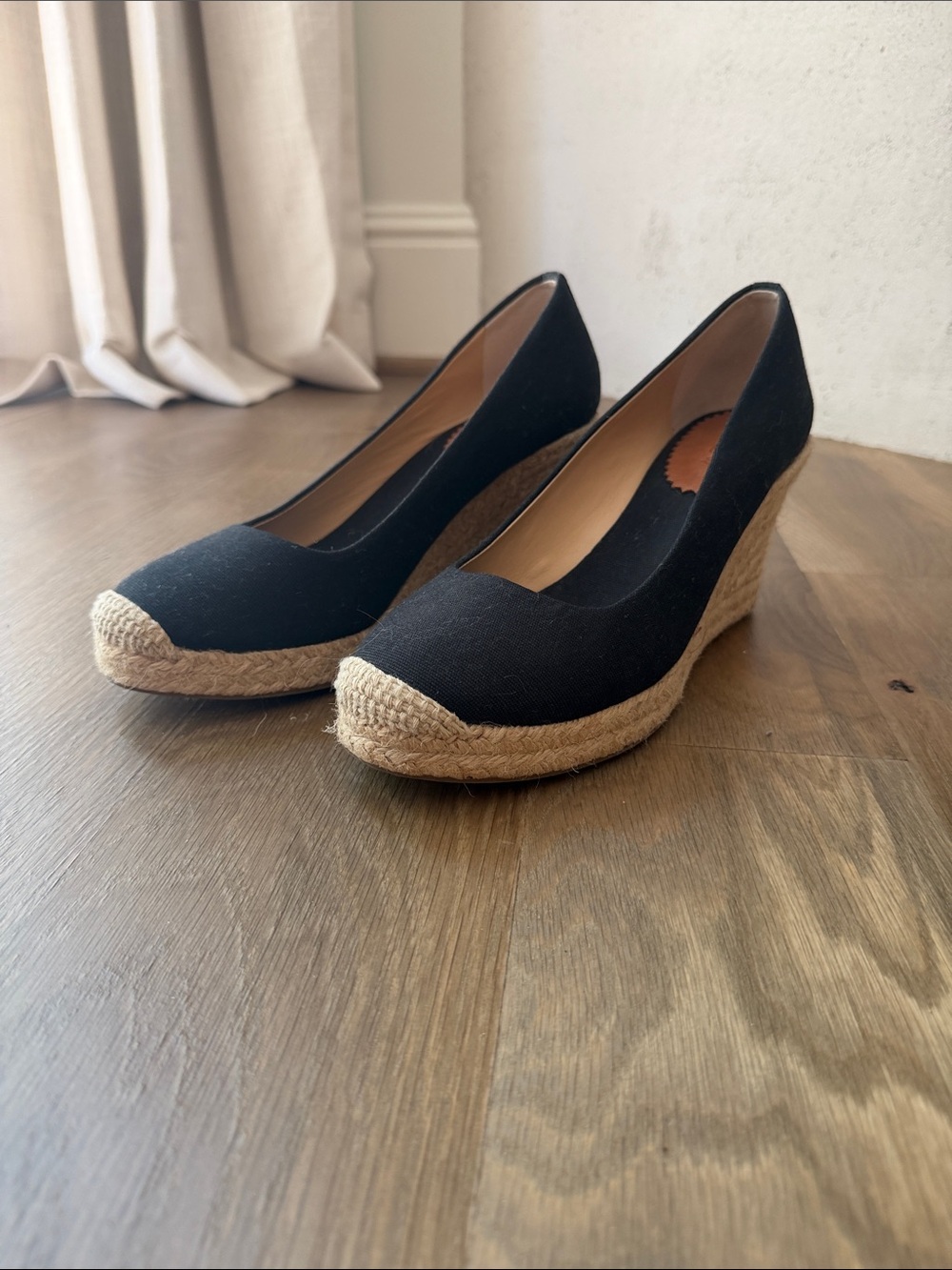 J. Crew Black Canvas Espadrille Wedge Pumps with Jute Trim